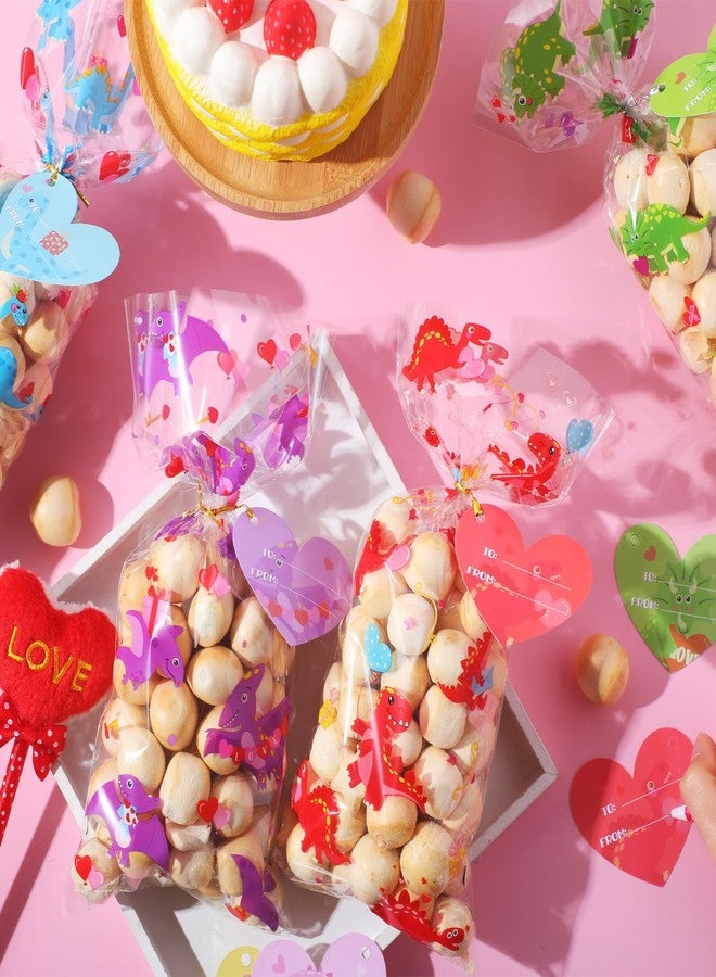 Tellingyou 180 Pcs Valentine's Day Cellophane Bags Bulk, Dinosaur Sweet Plastic Cello Candy Goodie Treat Bag with Heart Tag Twist Ties for Party Favors Warp - Image 4